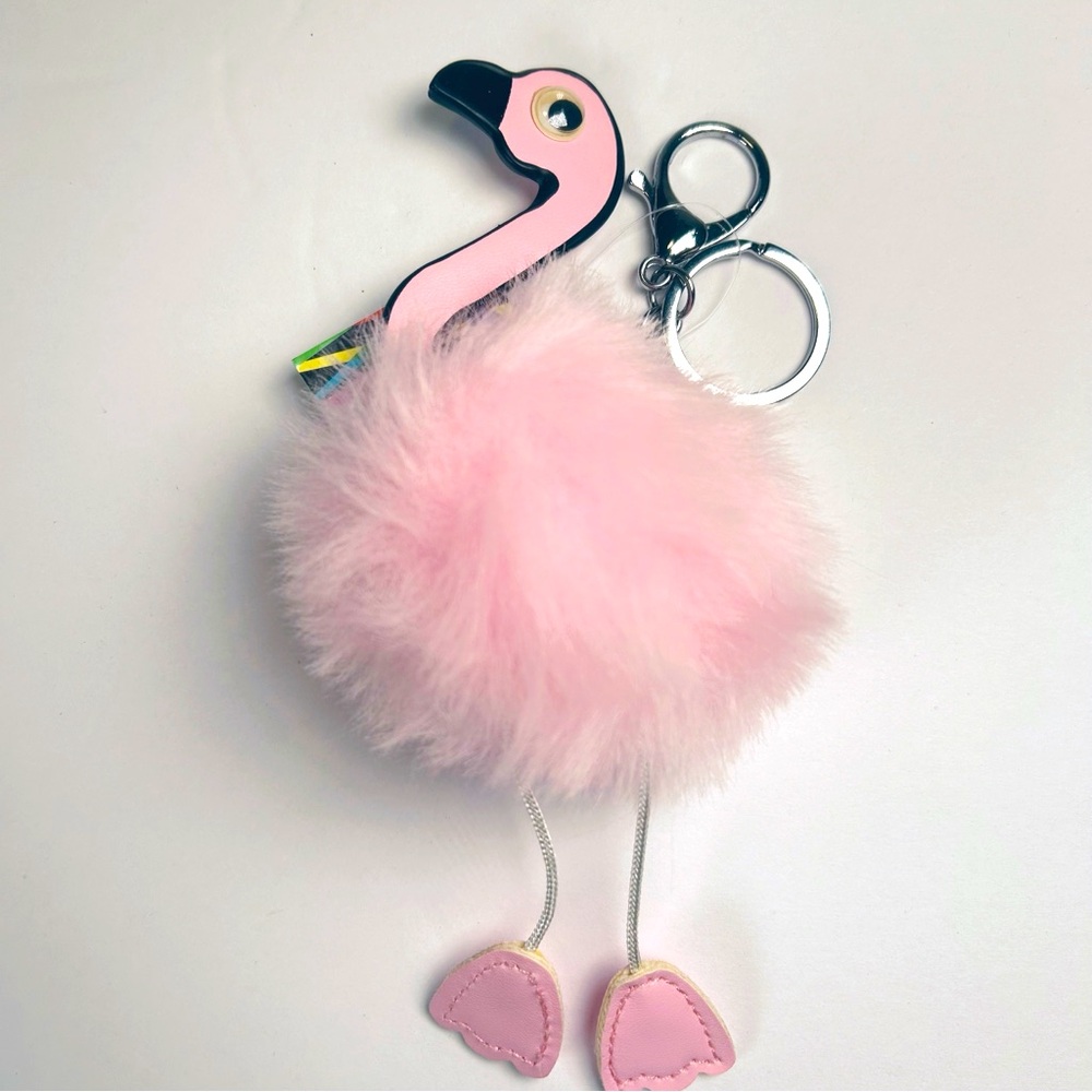 Pink Flamingo Bag Charm Faux Fur Pom Pom Key Chain NEW
